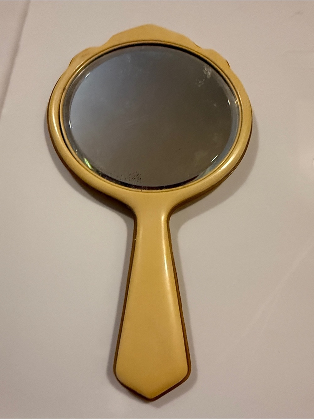 Vintage Hand Held Mirror Yellow Tone Celluloid Art Deco Vanity Decor